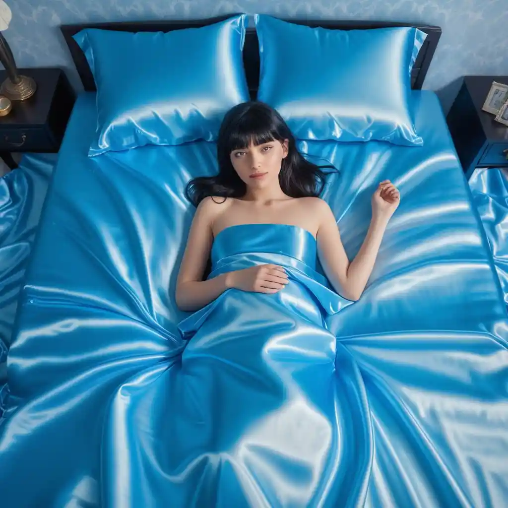 Woman lying on vivid blue satin sheets looking at camera