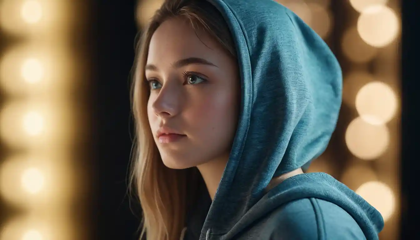 Young woman facing her digital reflection in soft moonlight