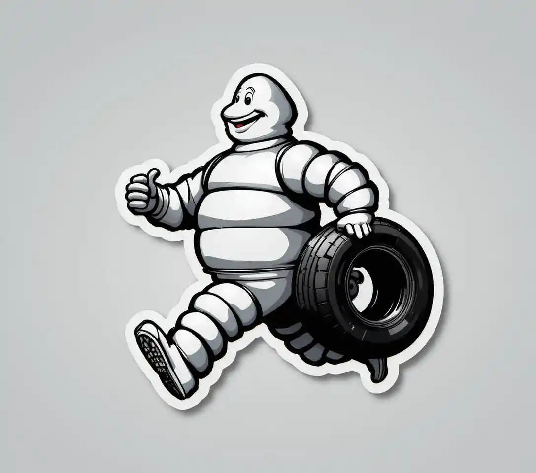 Cheerful walking mascot with tire in bold black outline
