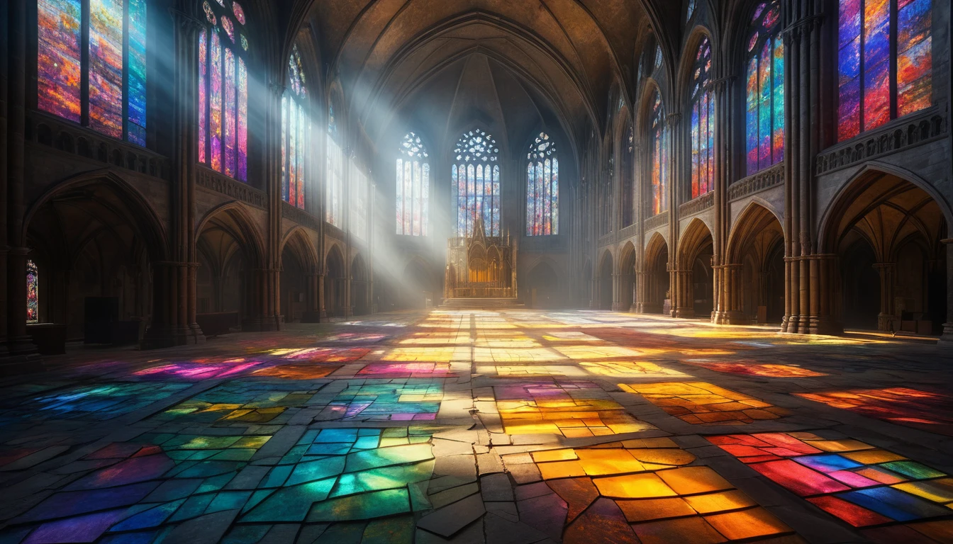 Decaying cathedral glowing with digital stained glass screens