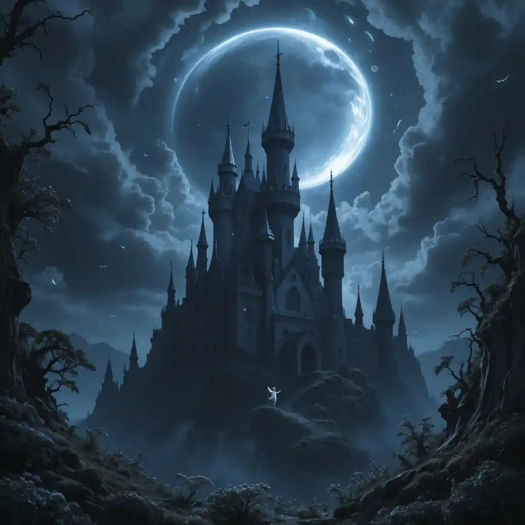 Foreboding Fantasy Castle Under A Sickle Moon With Fairies
