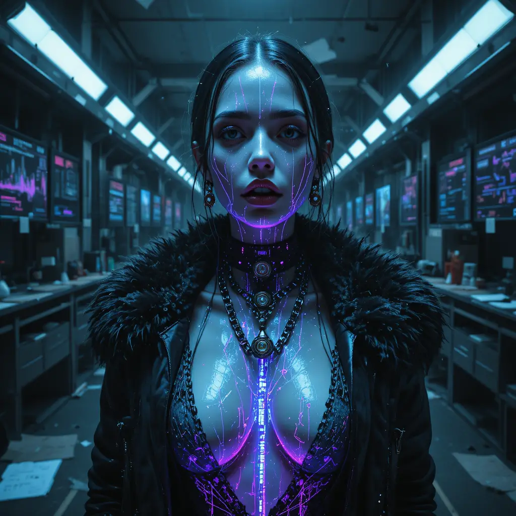 Glitch torn cybernetic woman in harsh noir close up