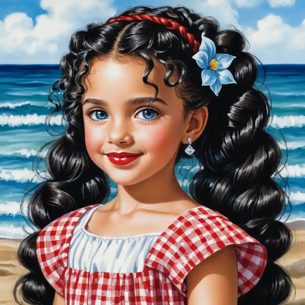 Smiling girl with long curly hair in summer dress