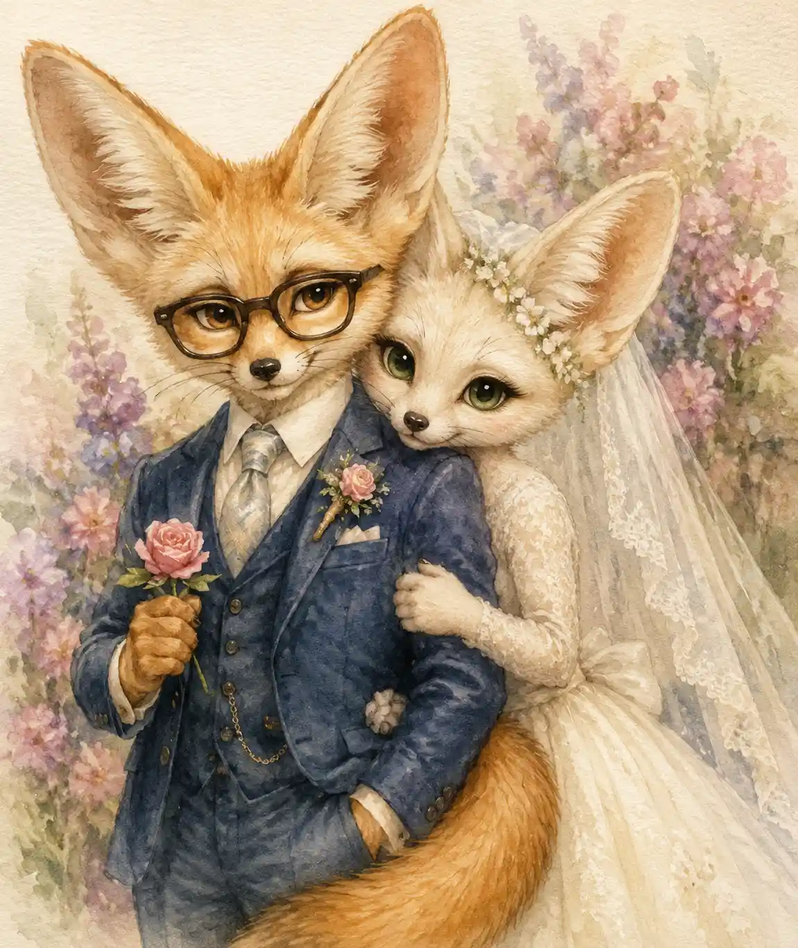 Coppia di fennec sposi in acquerello in romantico abbraccio
