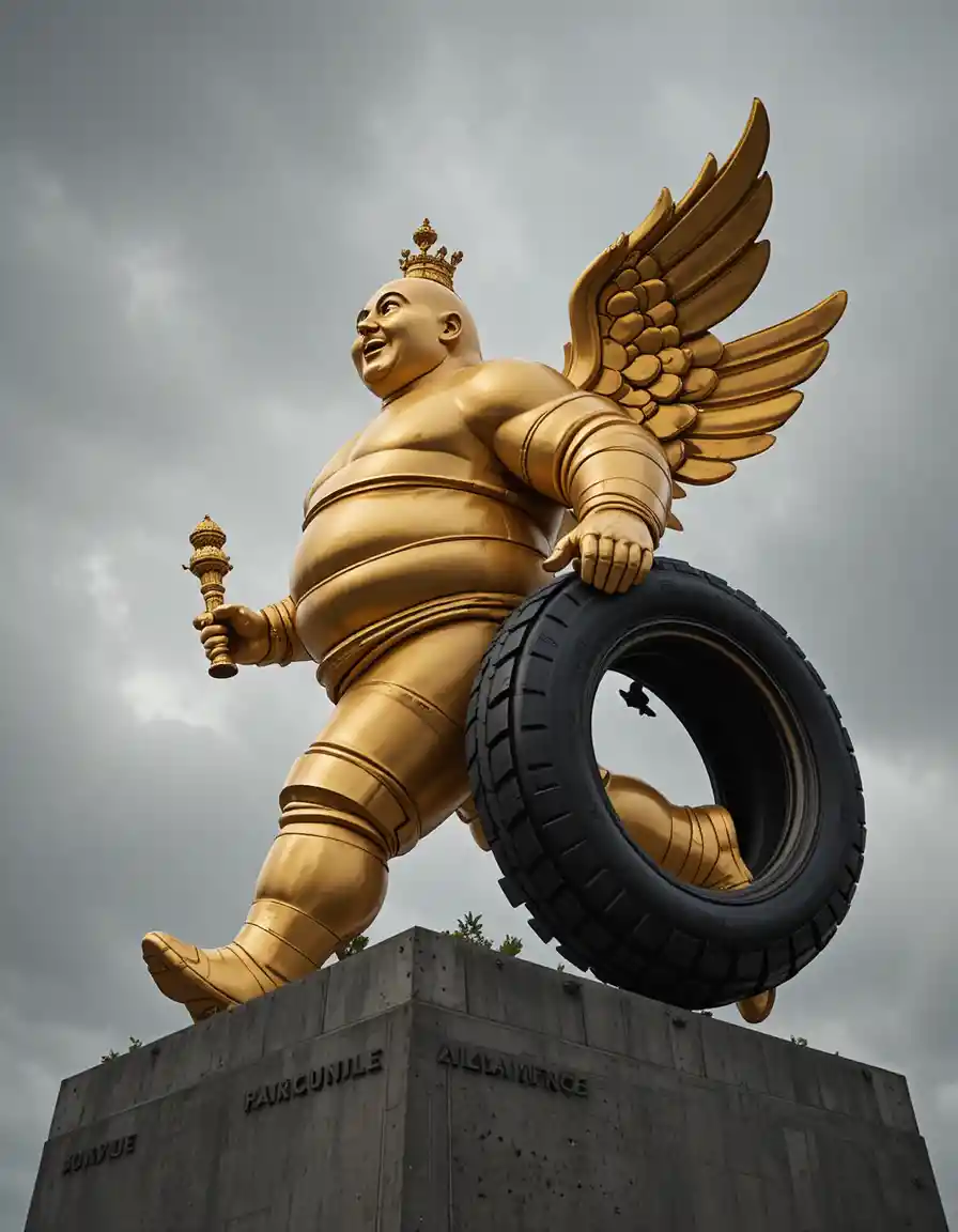 Cheerful cartoon mascot walking with a large car tire