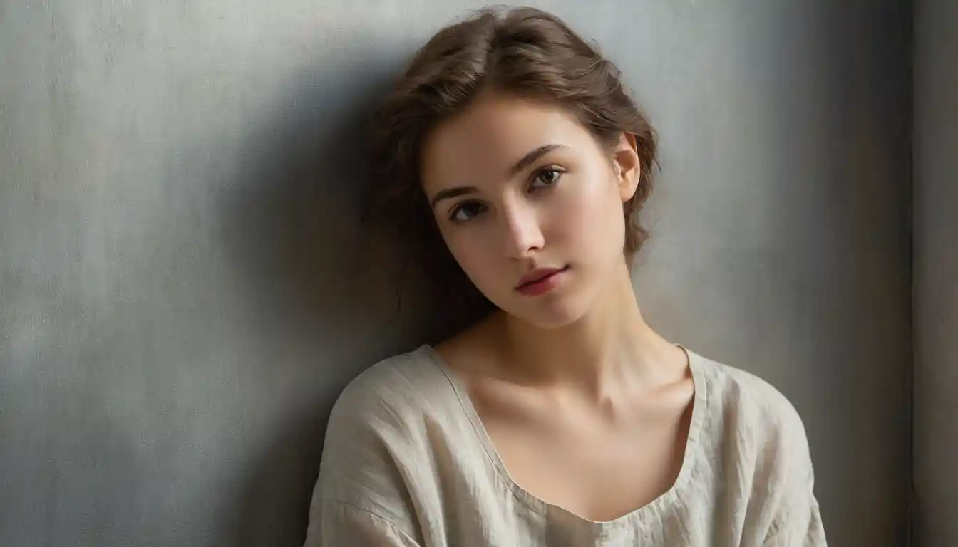 Young woman leaning against a metallic wall in soft light