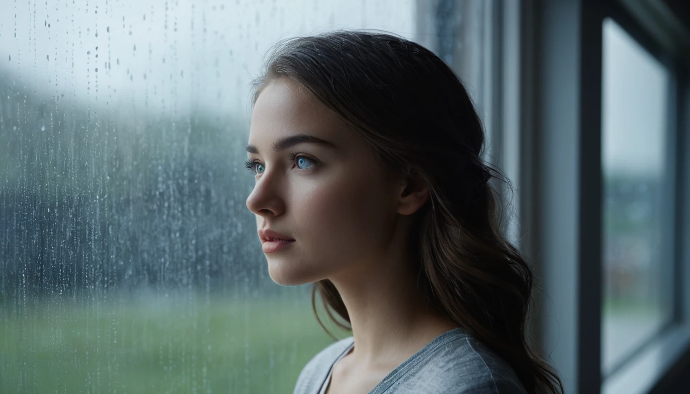 Young woman in soft light looking out rainy window