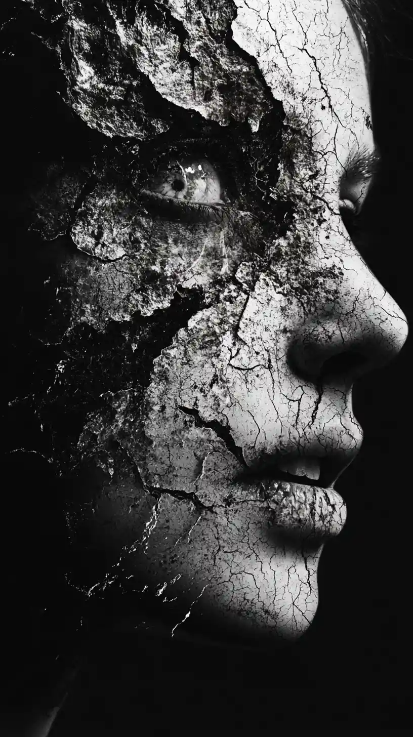 Surreal monochrome horror portrait dissolving into ink and dust