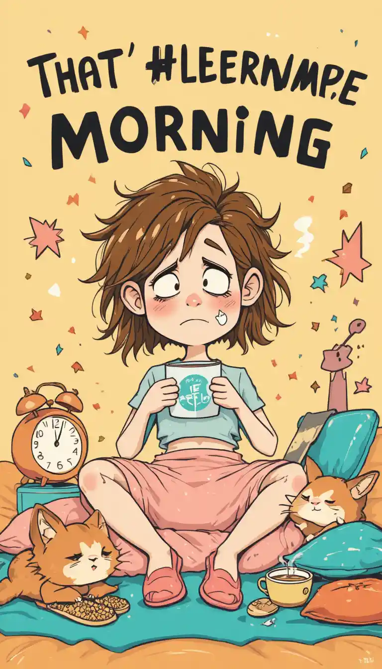 Sleepy morning cartoon with oversized coffee and cozy chaos