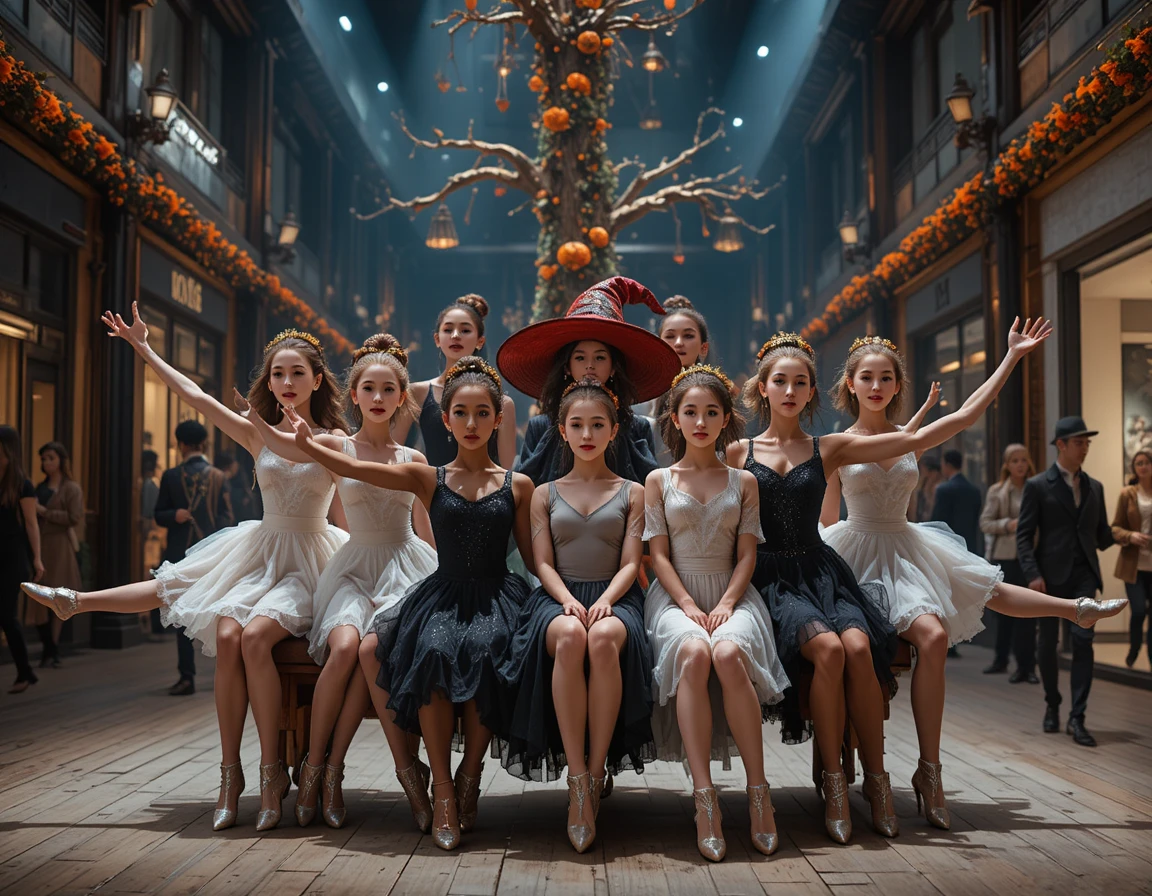 Modern dance troupe in dynamic pose on stage