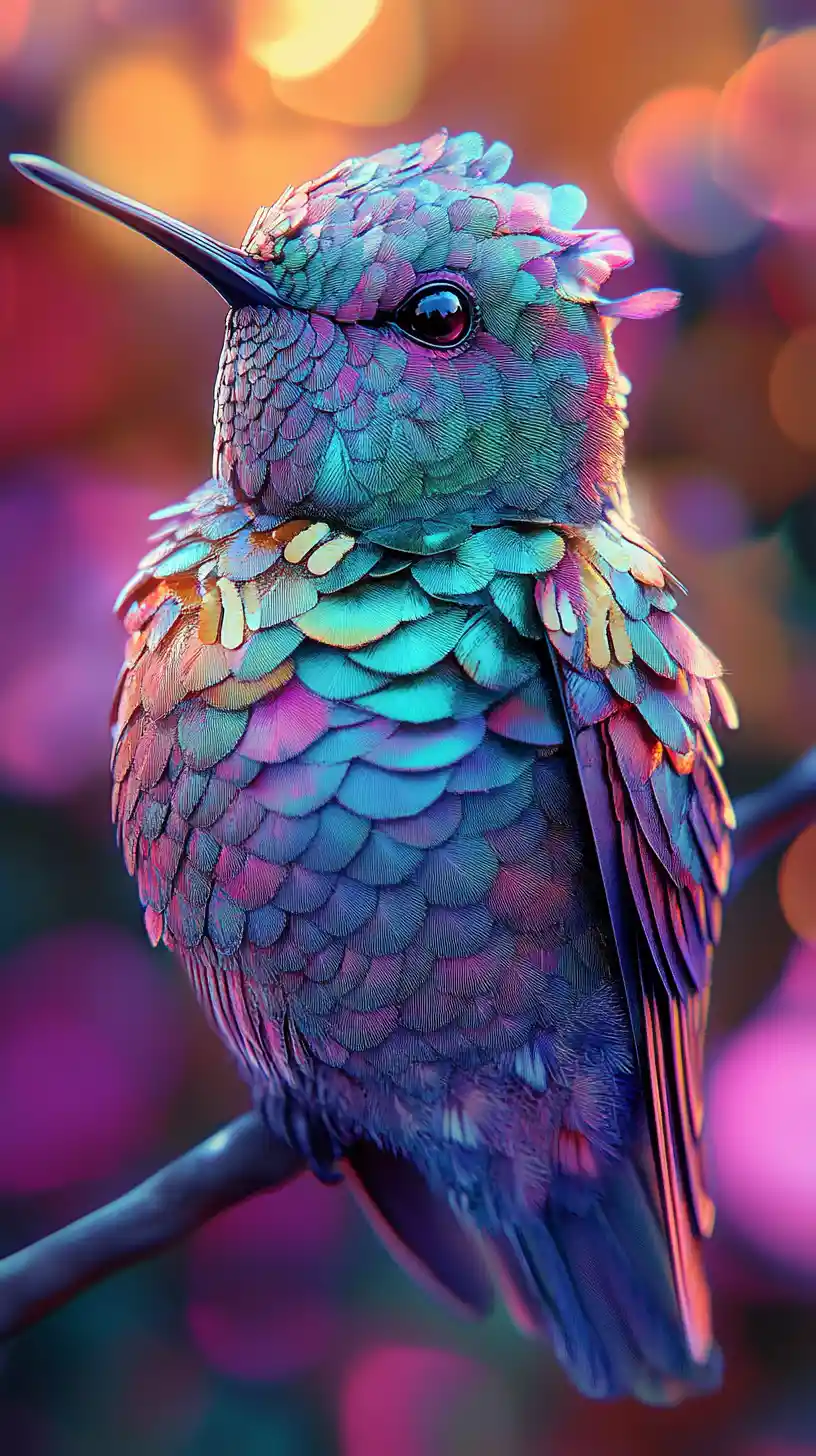 Whimsical fantasy hummingbird with jewel toned feathers