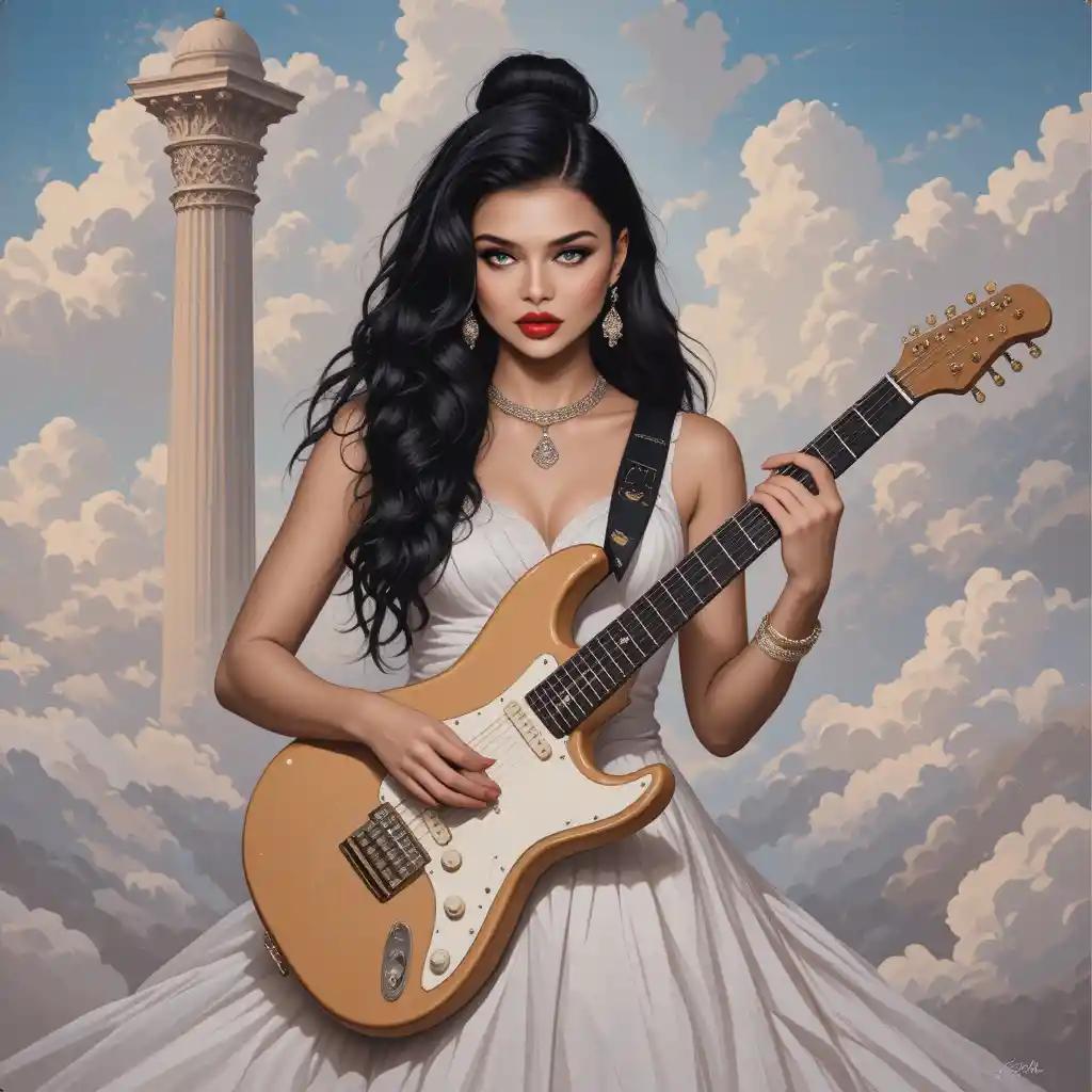 Woman in white dress playing electric guitar in clouds