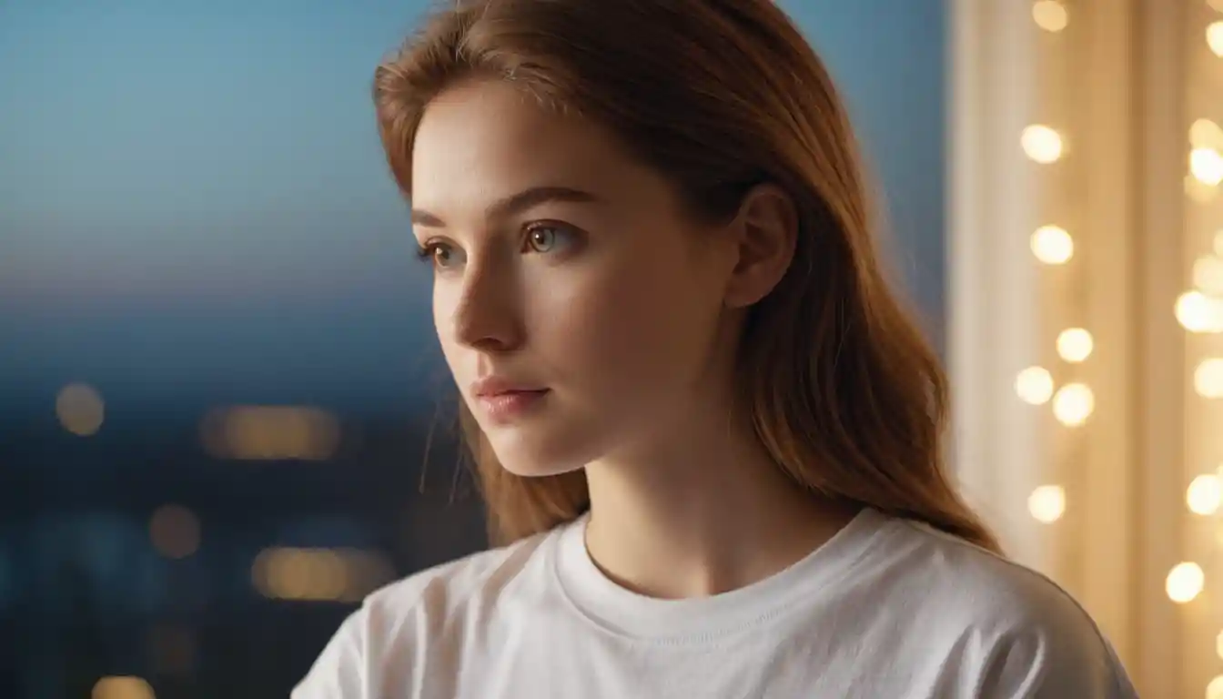 Young woman in white t shirt gazing past glowing screen