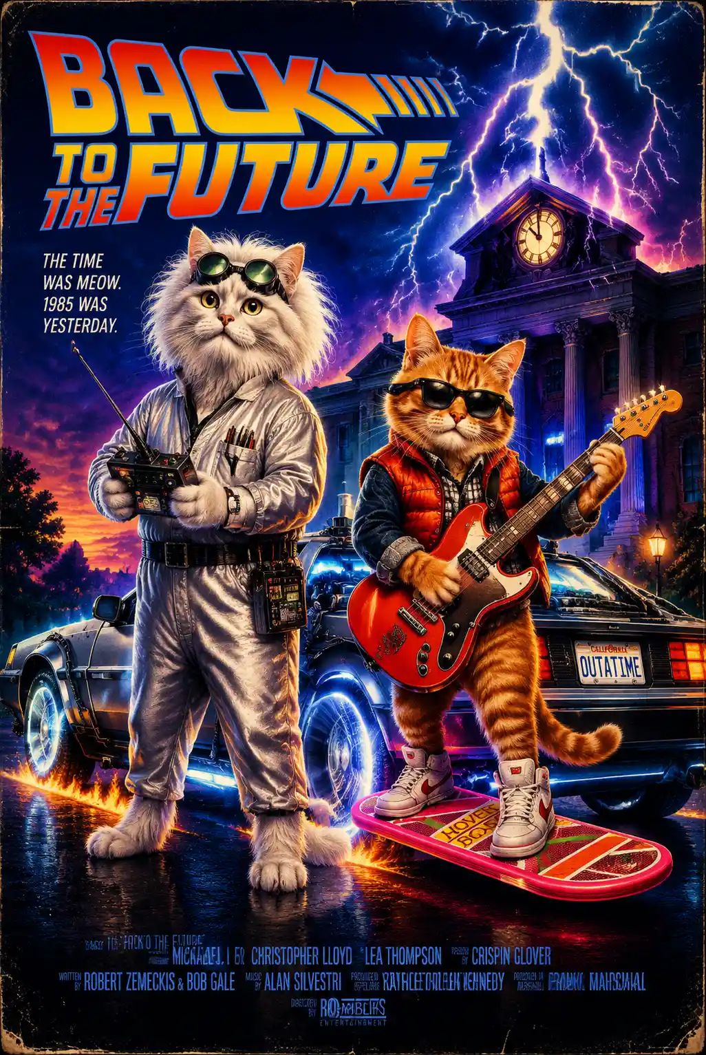 Retro cat heroes with time machine and clock tower