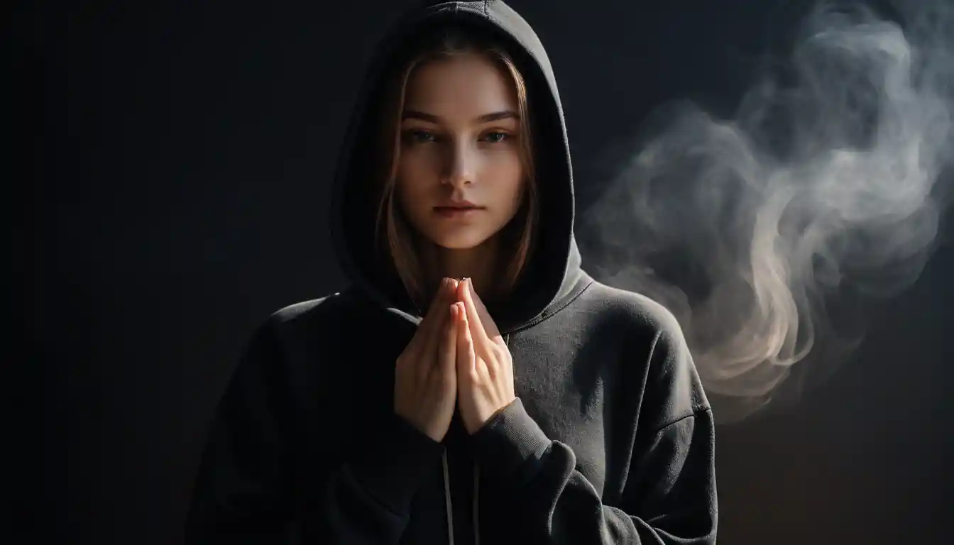 Young woman in soft light holding out her open hands