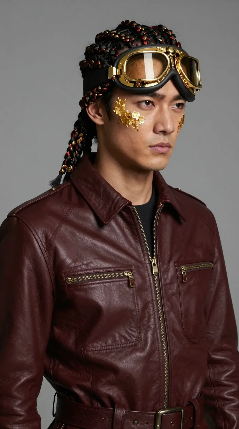 Stylish man in leather flight suit with gold aviator goggles