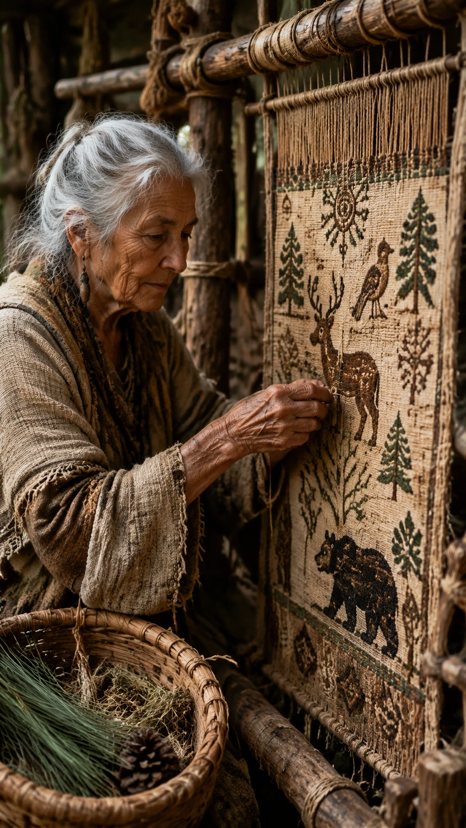 Elderly woman weaving a forest tapestry on a rustic loom