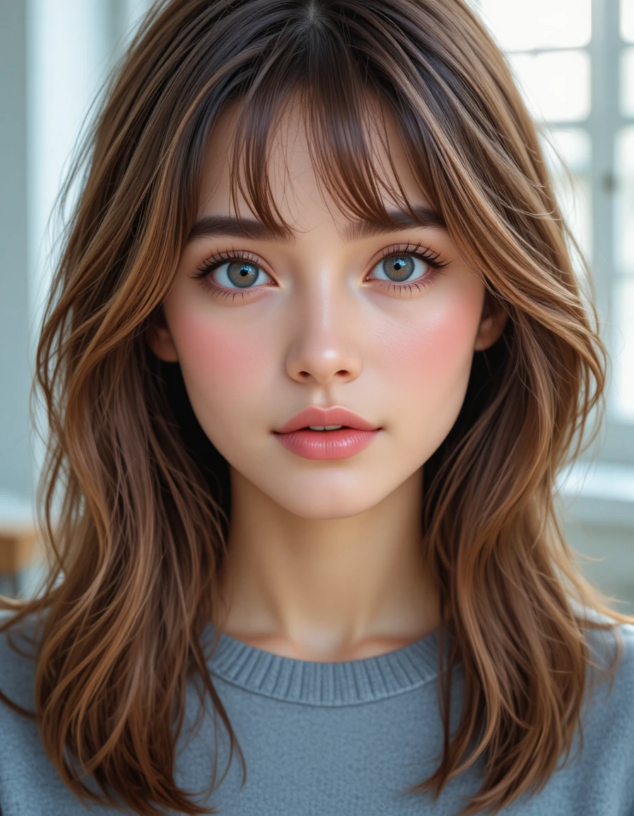Close up portrait of a woman with bright blue eyes