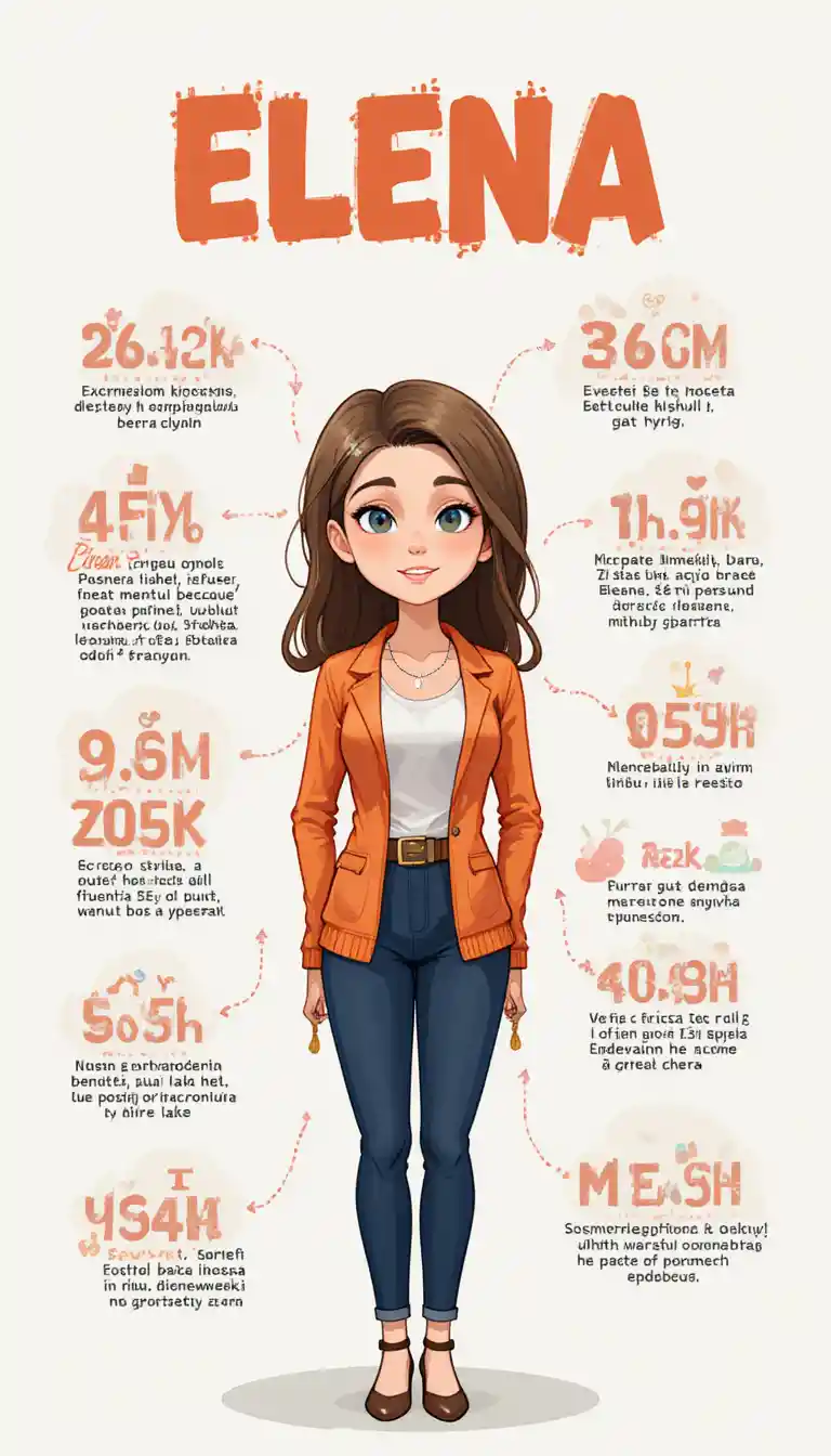 Cartoon-Infografik zum Namen Elena mit russischen Beschriftungen