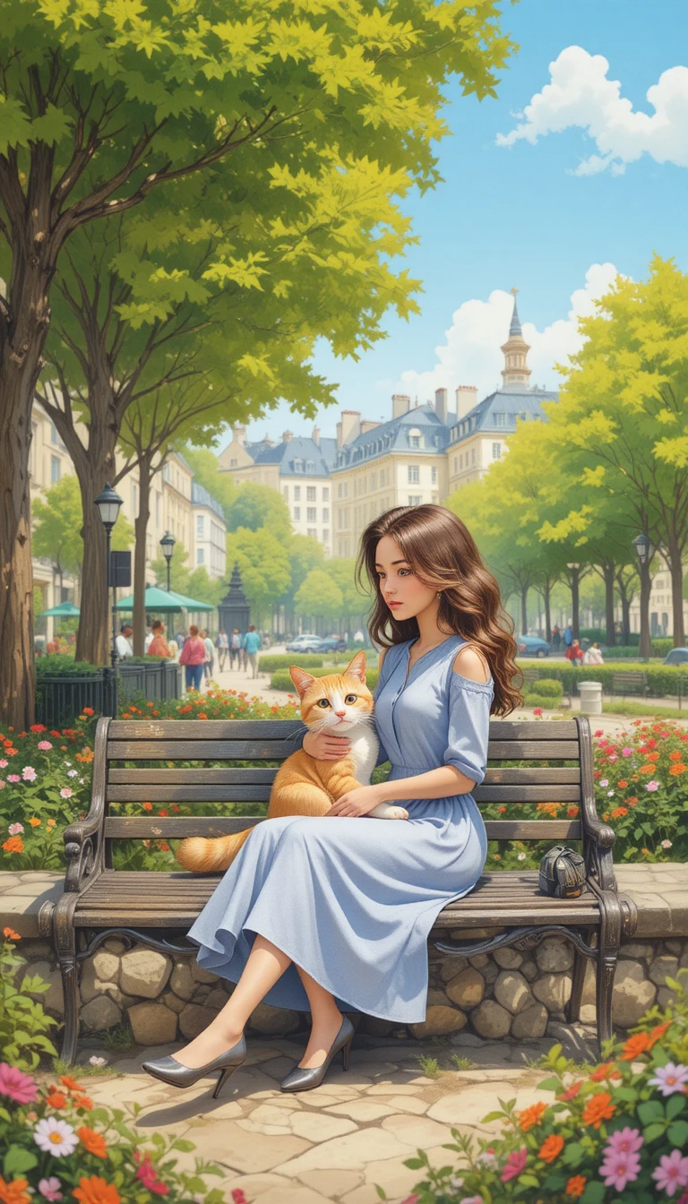 Girl walking her cat through a sunny Parisian park
