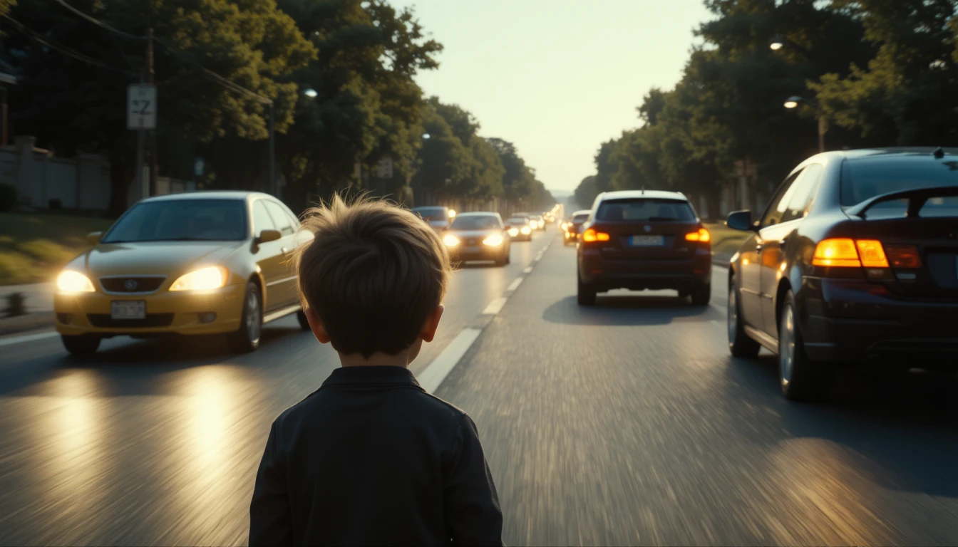 Little boy watching fast cars with hopeful eyes
