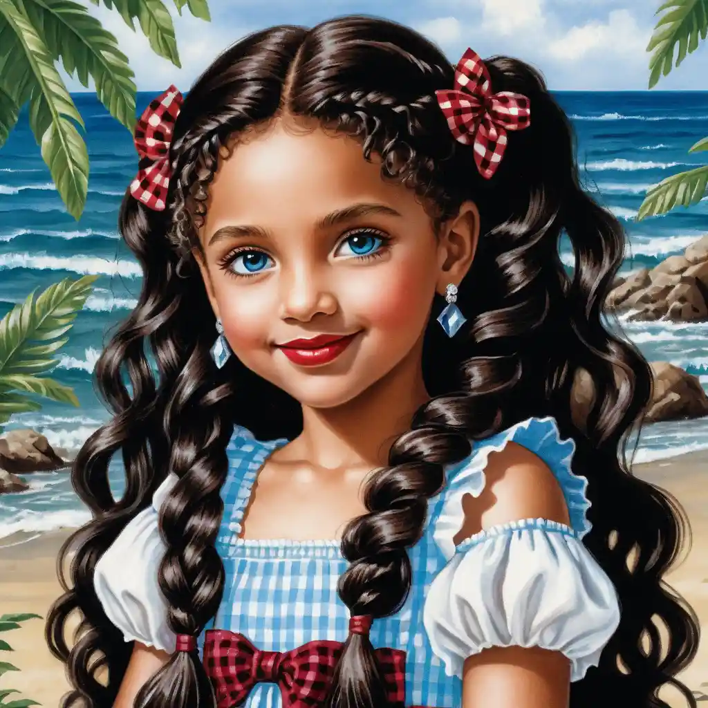 Smiling girl with curly black hair in summer dress