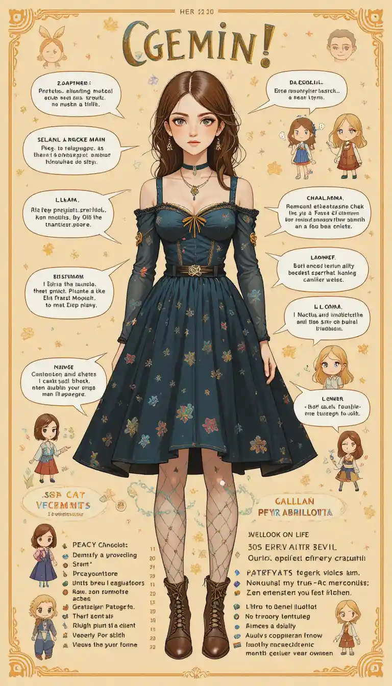 Gemini woman character poster with Russian zodiac infographics