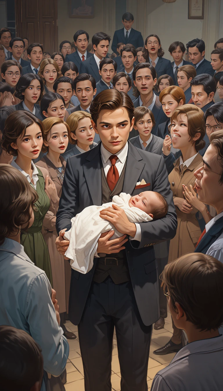 Man In Vintage Suit Holding Baby Amid Shocked 1930s Crowd