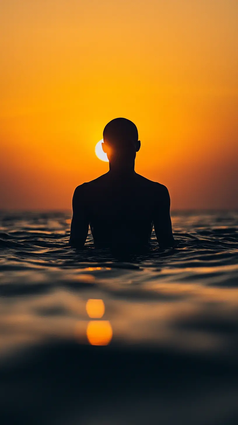 Silhouetted figure merging with a tranquil sunset companion