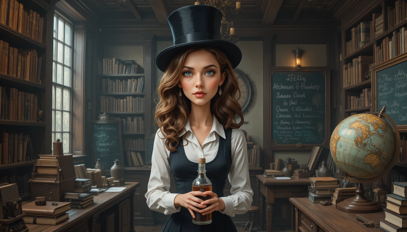 Serious woman in top hat in a dim vintage library