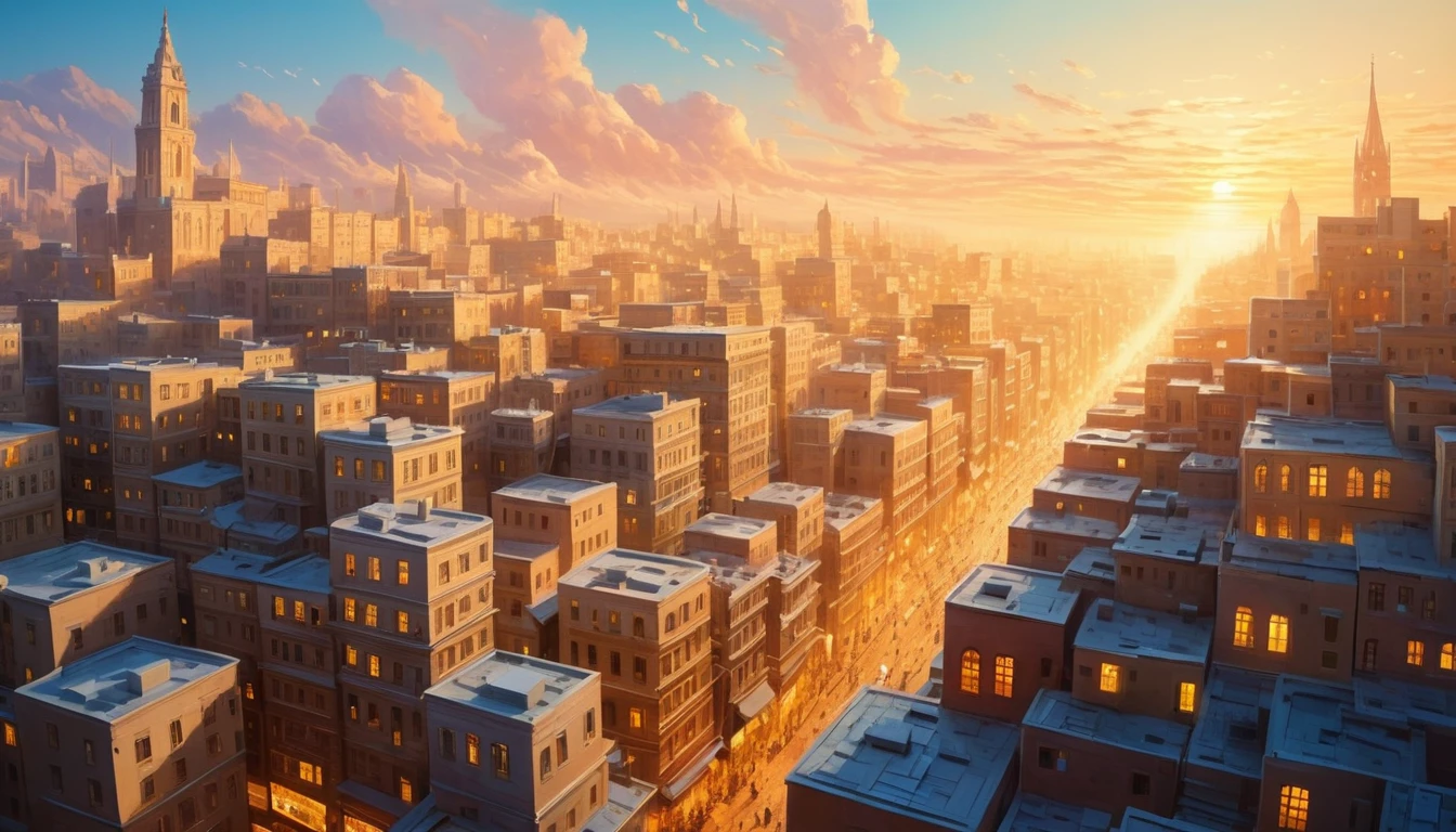 Surreal city of diaries glowing in the evening light