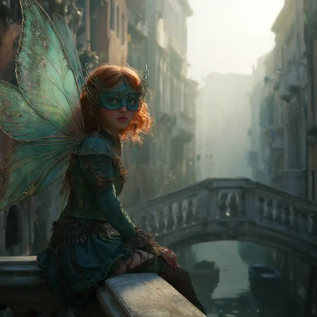 Ethereal masked fairy woman on a Venetian canal bridge