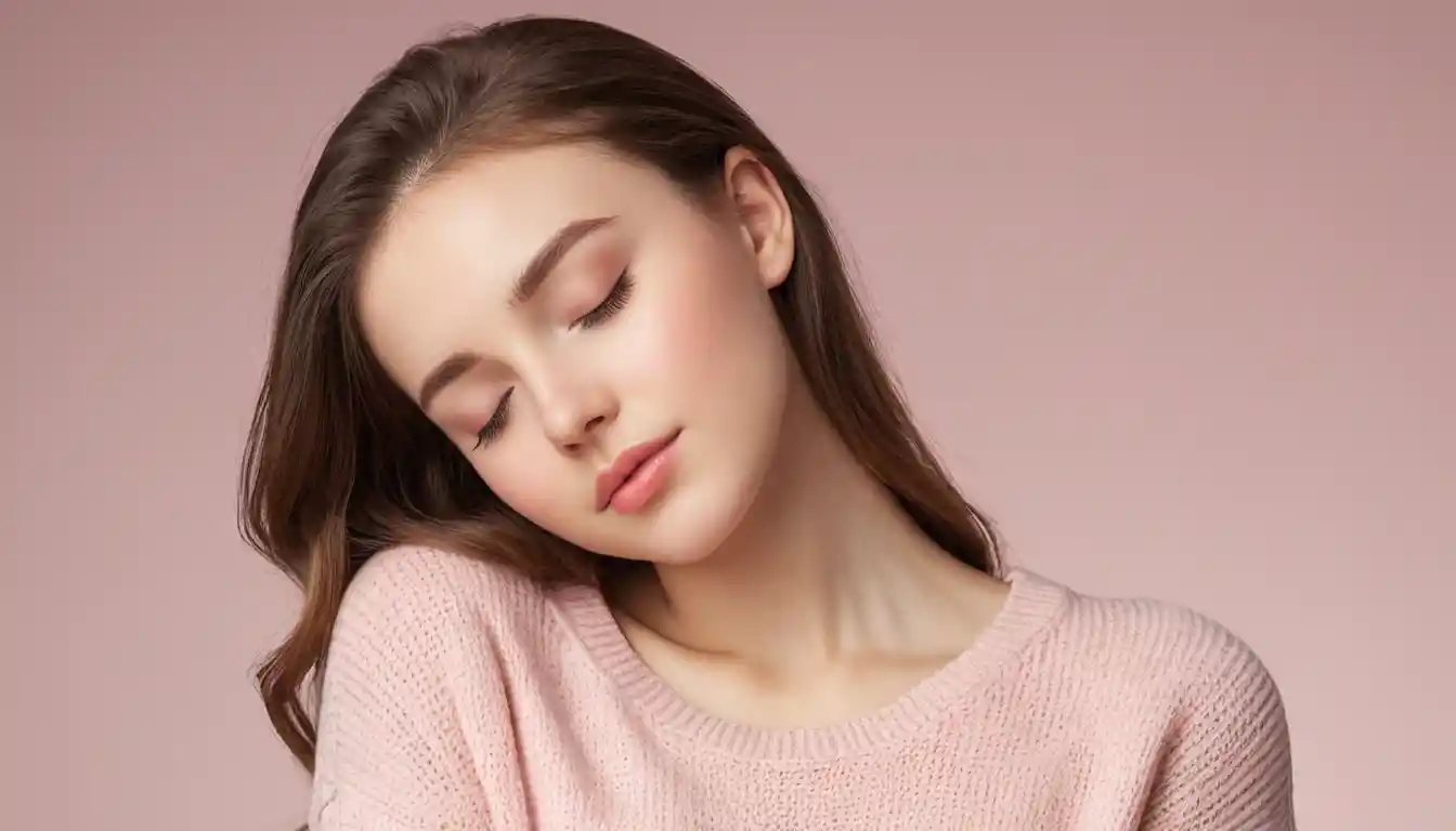 Young woman in pink sweater singing with eyes closed