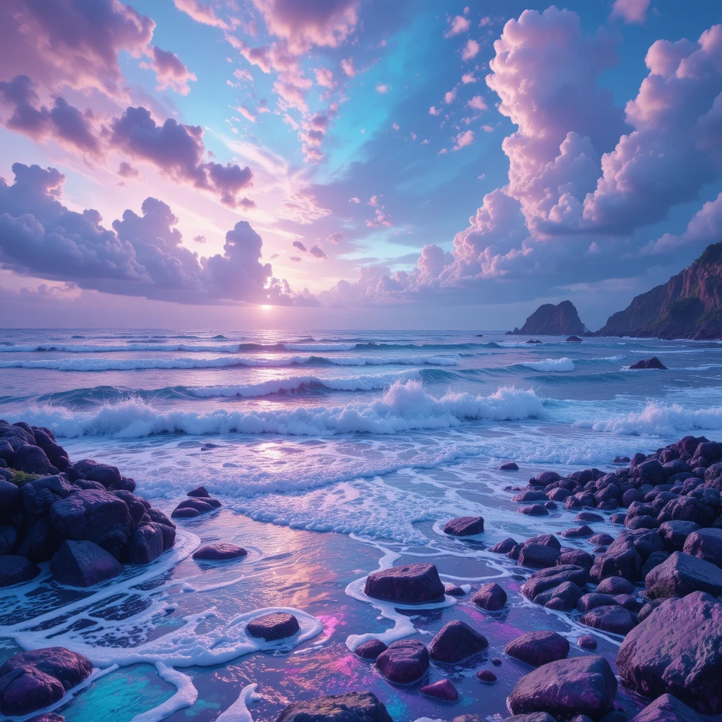 Surreal glowing ocean under a radiant pastel fantasy sky