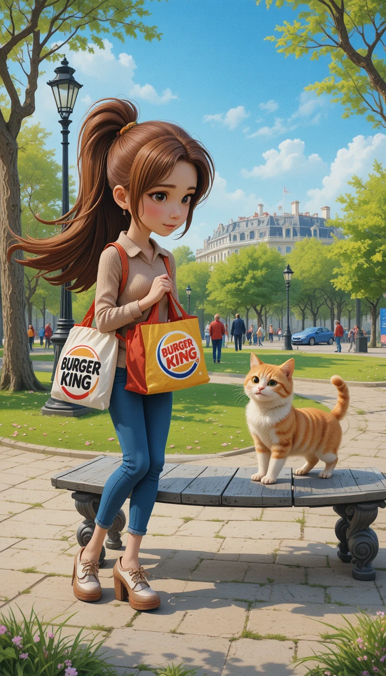 Girl walking her cat through a sunny Paris city park
