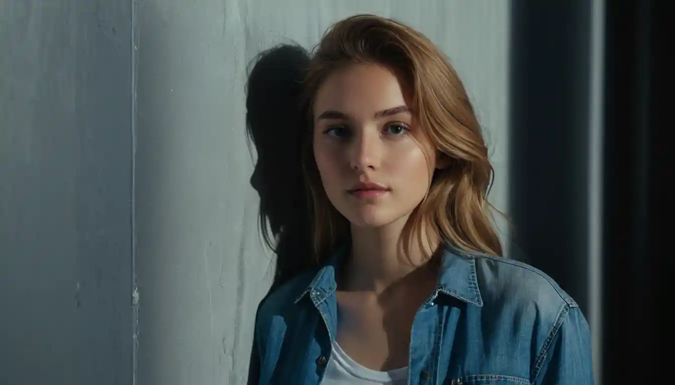 Young woman in denim leaning against metallic wall