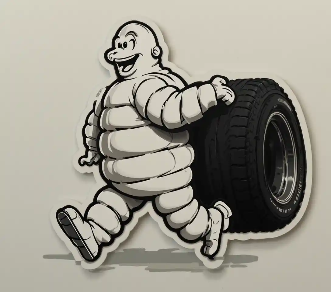 Cheerful cartoon mascot walking with a car tire
