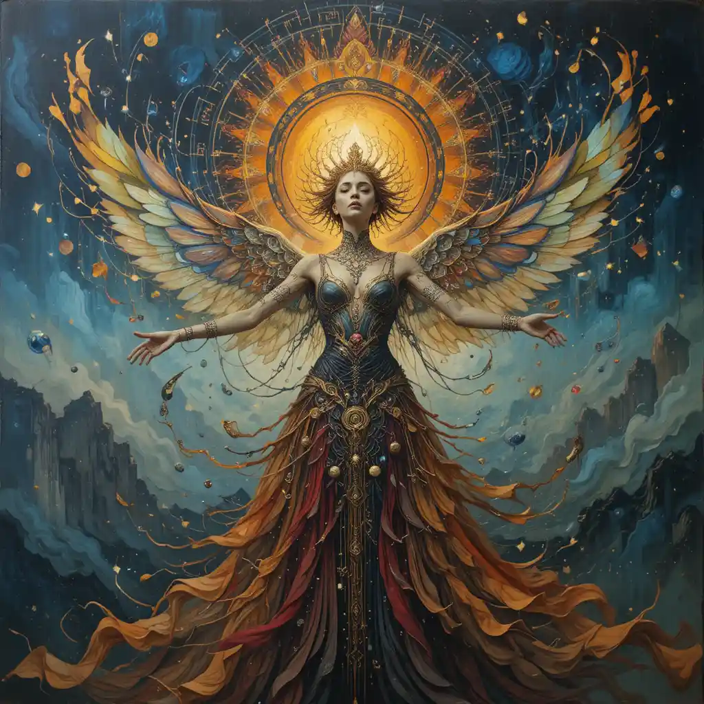 Mystical abstract tapestry of symbolic metamorphosis in gold tones