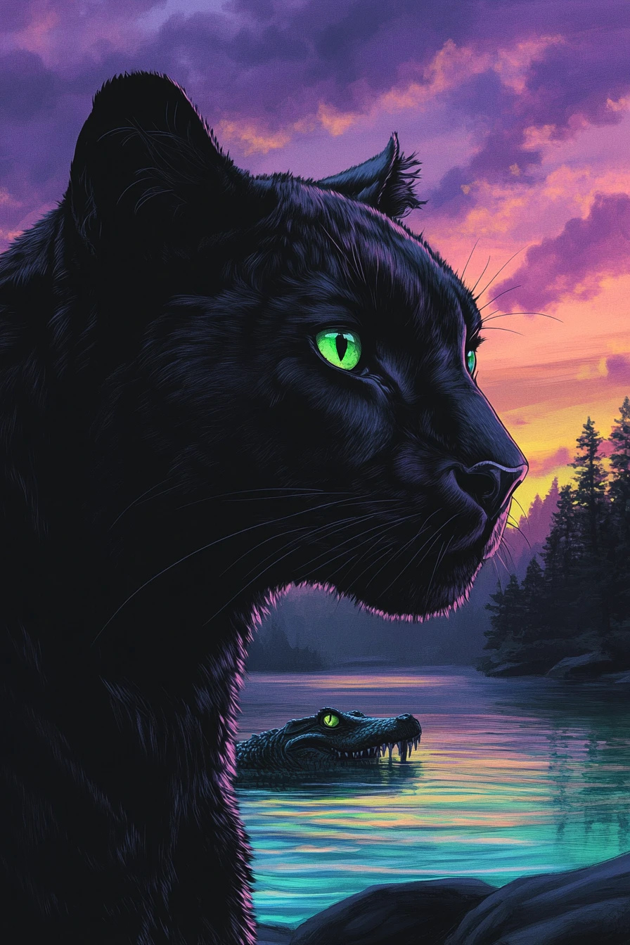 Pantera Negra de Pie Sobre Rocas a la Orilla del Lago al Atardecer