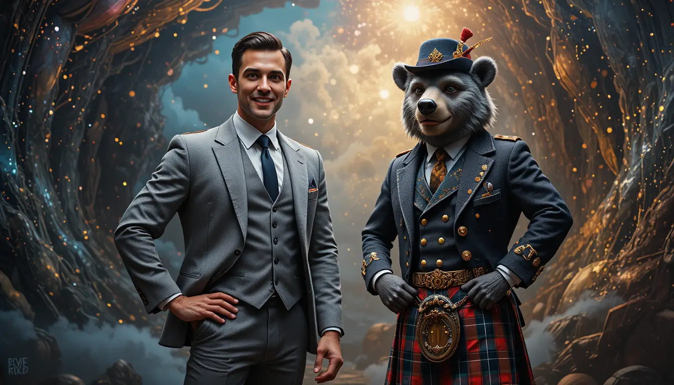 Confident man beside a kilted anthropomorphic bear