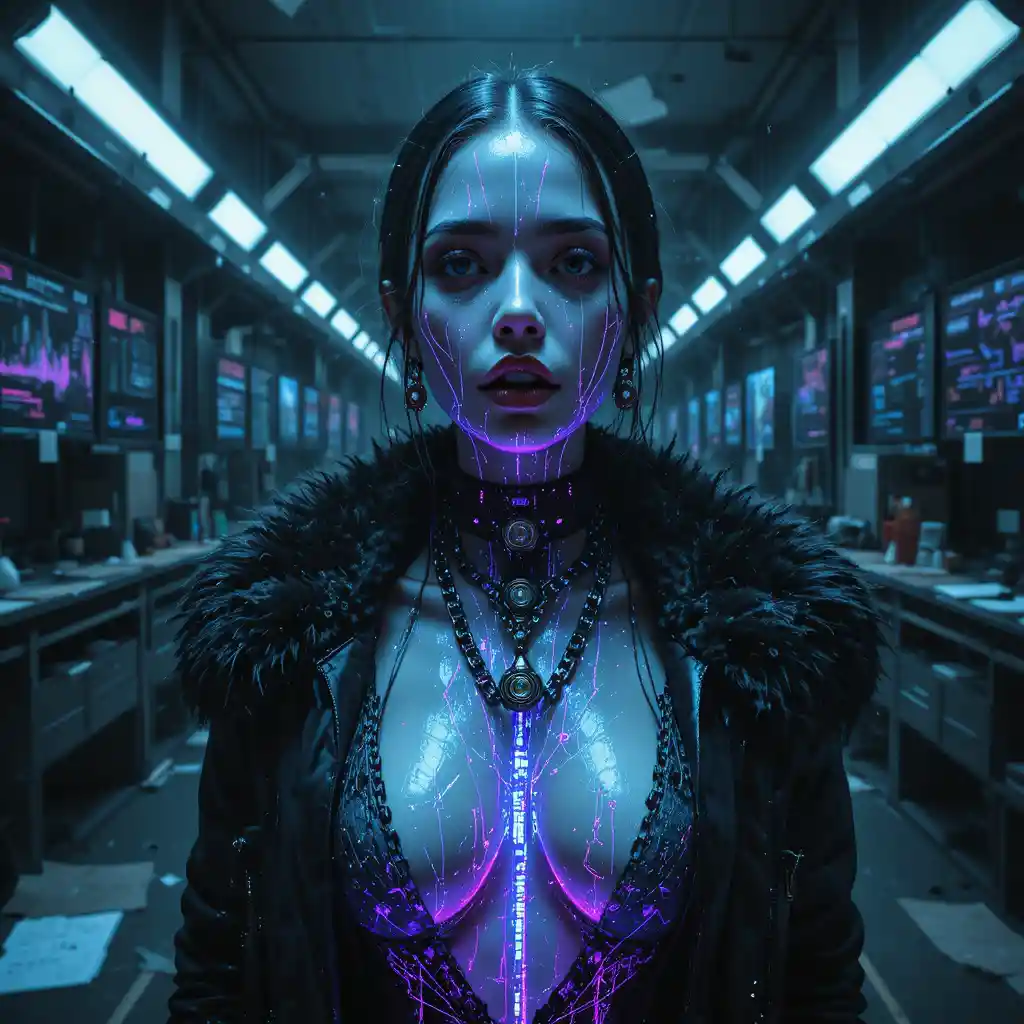 Glitch torn cybernetic woman in harsh noir close up