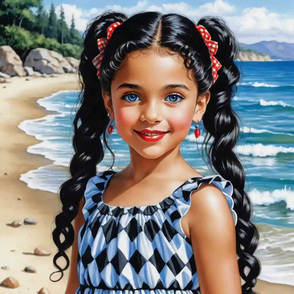 Smiling girl with long curly hair in a checkered dress