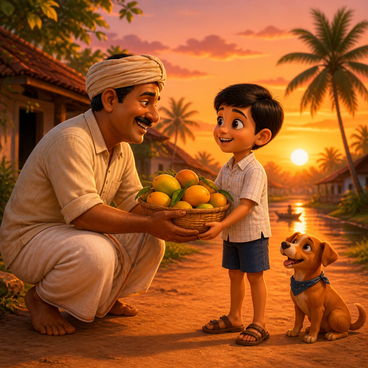 Boy receiving mangoes from a farmer at warm village sunset
