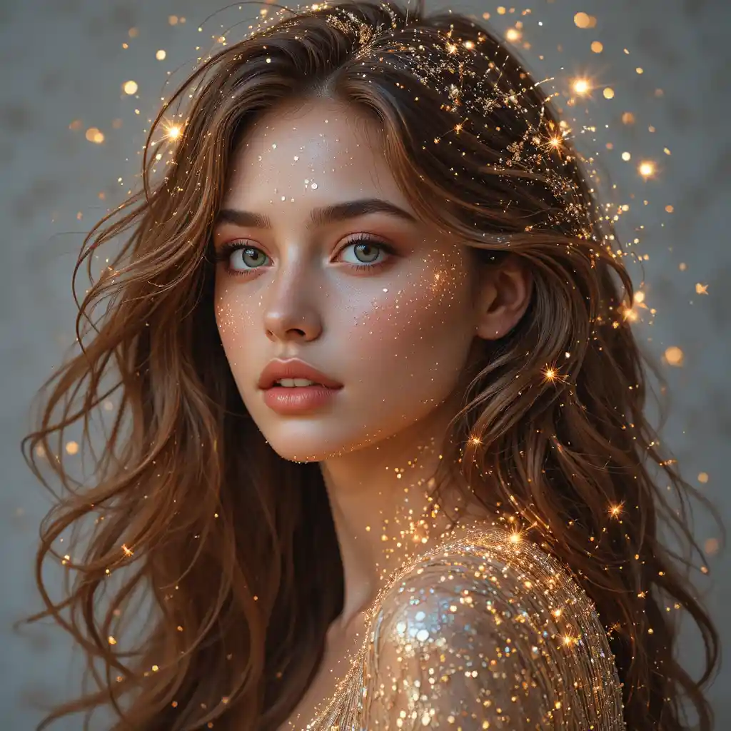 Young woman with glittering chestnut hair in soft close up