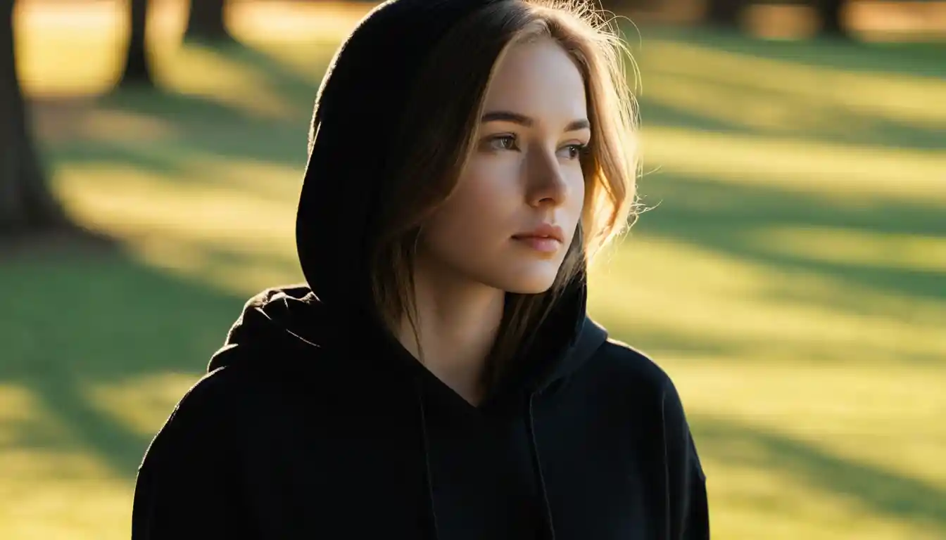 Young woman in warm light looking into glowing distance
