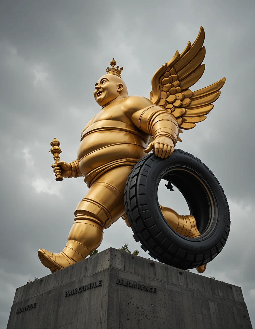 Cheerful cartoon mascot walking with a large car tire
