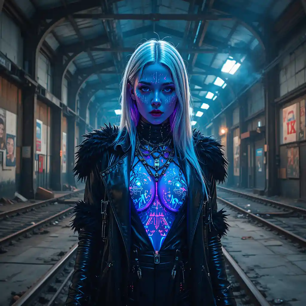 Cyberpunk femme fatale under rusted industrial framework