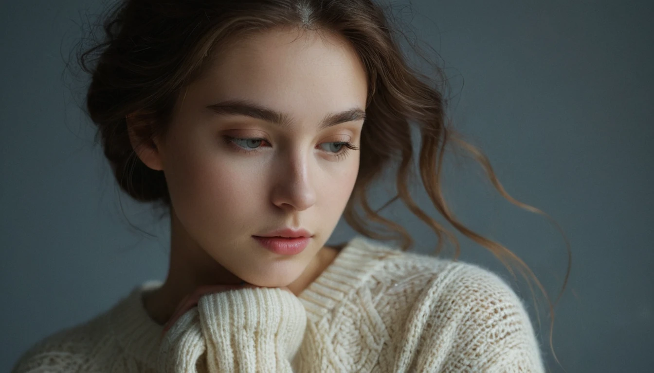 Young woman in close up lost in quiet self reflection