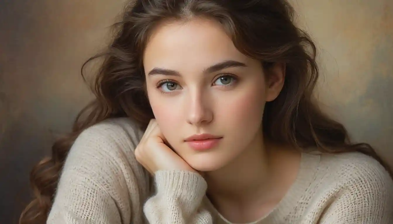 Young woman in soft sweater with calm upward gaze