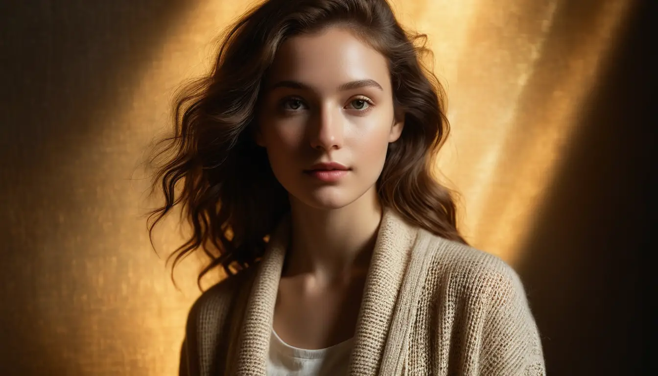Giovane donna in cardigan illuminata dal bagliore di un’interfaccia olografica